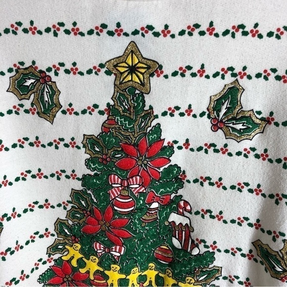 Vintage Christmas Tree Ringer Neck Sweatshirt Large 90s Jane Colby White Green - Picture 3 of 9